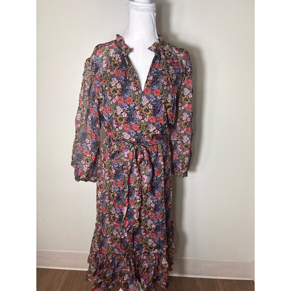 Shoshanna Multicolor Floral Long Sleeve V-Neck Flowy Midi Dress Sz 8 - Picture 1 of 4